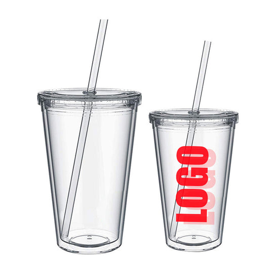 Double-layer straw cup, transparent plastic cold drink cup